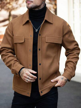Manfinity Homme معطف كاجوال رجالي بأزرار وأكمام طويلة بلون أحادي، معطف بني، خريف وشتاء