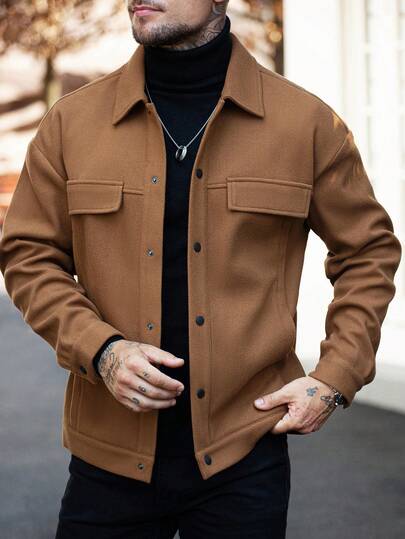 Manfinity Homme معطف كاجوال رجالي بأزرار وأكمام طويلة بلون أحادي، معطف بني، خريف وشتاء