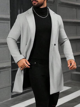 Manfinity Homme معطف طويل الأكمام بجيب وأزرار أمامية بلون واحد للرجال، معطف خريفي للخروج، هدايا للأصدقاء والزوج والحبيب، معطف رجالي، معطف رجالي فاخر للخريف، رمادي