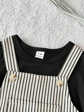 SHEIN طقم بنطال مشبك مخطط ولباس علوي بياقة دائرية بأكمام طويلة للأطفال الرضع، خريف/شتاء