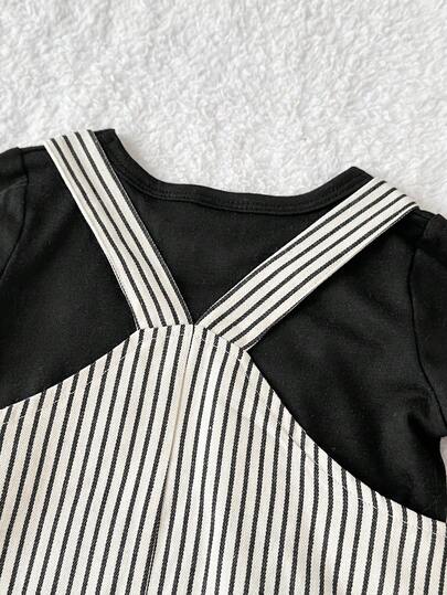 SHEIN طقم بنطال مشبك مخطط ولباس علوي بياقة دائرية بأكمام طويلة للأطفال الرضع، خريف/شتاء