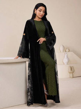 Veilorie عباءة نسائية بلون أحادي وطباعة قطعة مفرغة، أكمام طويلة للاستخدام اليومي البسيط