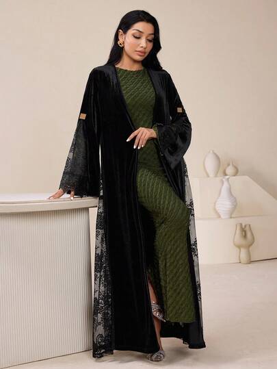 Veilorie عباءة نسائية بلون أحادي وطباعة قطعة مفرغة، أكمام طويلة للاستخدام اليومي البسيط