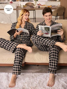 CoupledUp طقم بيجامة مطابق للزوجين من قميص كم طويل وبنطلون بنقشة المربعات المطبوعة، طقم بيجامات للرجال مناسب للخريف والشتاء، طقم بيجامات للأزواج بنقشة الجينجهام، بيجامات عيد الميلاد