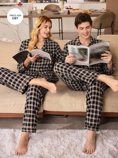 CoupledUp طقم بيجامة مطابق للزوجين من قميص كم طويل وبنطلون بنقشة المربعات المطبوعة، طقم بيجامات للرجال مناسب للخريف والشتاء، طقم بيجامات للأزواج بنقشة الجينجهام، بيجامات عيد الميلاد