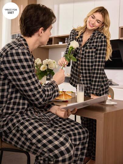 CoupledUp طقم بيجامة مطابق للزوجين من قميص كم طويل وبنطلون بنقشة المربعات المطبوعة، طقم بيجامات للرجال مناسب للخريف والشتاء، طقم بيجامات للأزواج بنقشة الجينجهام، بيجامات عيد الميلاد