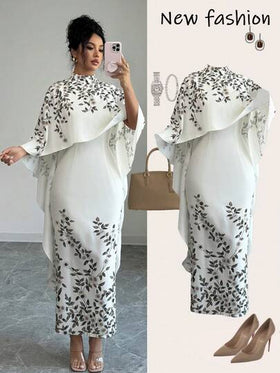 SHEIN Elenzya فستان أنيق متوسط الطول بطبعة زهرية وياقة عالية مع كيب