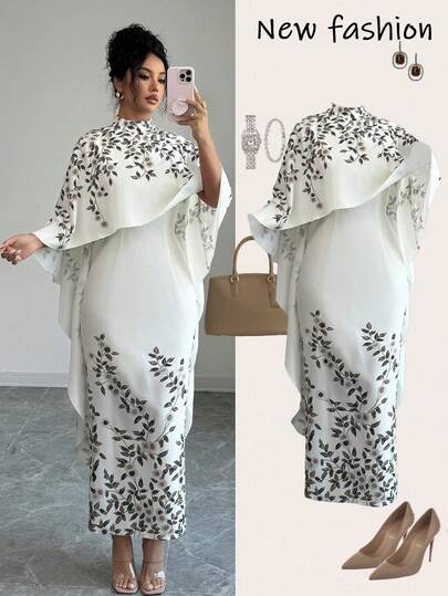 SHEIN Elenzya فستان أنيق متوسط الطول بطبعة زهرية وياقة عالية مع كيب