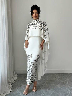 SHEIN Elenzya فستان أنيق متوسط الطول بطبعة زهرية وياقة عالية مع كيب