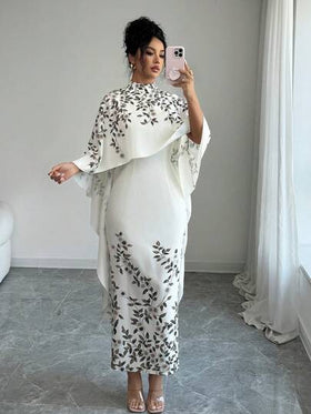 SHEIN Elenzya فستان أنيق متوسط الطول بطبعة زهرية وياقة عالية مع كيب