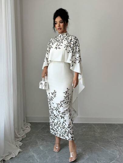 SHEIN Elenzya فستان أنيق متوسط الطول بطبعة زهرية وياقة عالية مع كيب