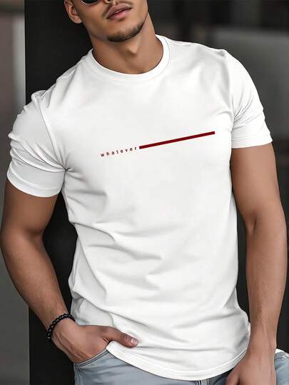 Manfinity Homme تي شيرت كلاسيكي للرجال بلون أحادي وياقة مستديرة وأكمام قصيرة، تصميم مخطط صغير بعبارة "WHATEVER" إنجليزية، تي شيرت كاجوال متعدد الاستخدامات