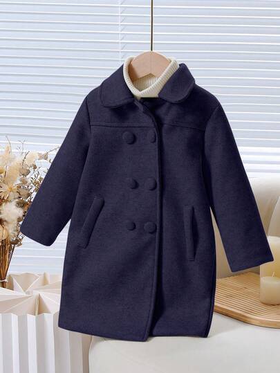 Elladie kids معطف فضفاض متوسط الطول بأكمام طويلة ربلة ملابس كاجوال بسيطة، لون أحادي، خريف/شتاء