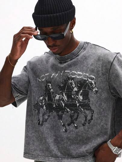 SUMWON قميص قطني كاجوال بياقة طاقم وأكمام قصيرة مع طباعة رسم الحصان