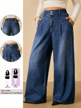 SHEIN Tall CURVE سروال جينز واسع الساق مغسول للمناسبات العادية والشتوية والأعياد كالهالوين والكريسماس وعيد الشكر، ذو خصر عالي وساق واسعة، ملابس نسائية أنيقة مريحة مطاطية الخصر، ملابس نسائية للزفاف الفني والأعمال الرسمية والريفية المتواضعة والعصرية، ملابس