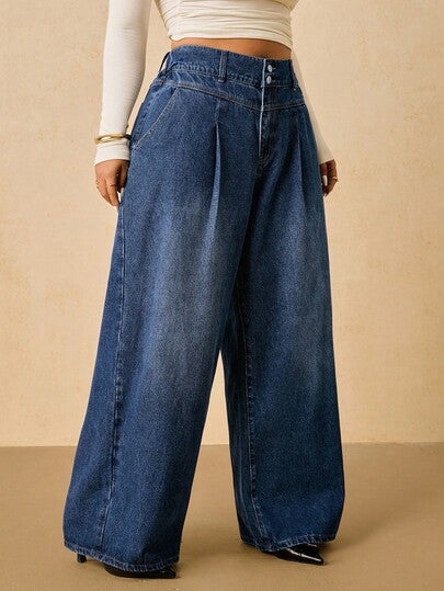SHEIN Tall CURVE سروال جينز واسع الساق مغسول للمناسبات العادية والشتوية والأعياد كالهالوين والكريسماس وعيد الشكر، ذو خصر عالي وساق واسعة، ملابس نسائية أنيقة مريحة مطاطية الخصر، ملابس نسائية للزفاف الفني والأعمال الرسمية والريفية المتواضعة والعصرية، ملابس