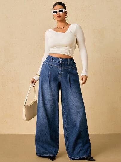 SHEIN Tall CURVE سروال جينز واسع الساق مغسول للمناسبات العادية والشتوية والأعياد كالهالوين والكريسماس وعيد الشكر، ذو خصر عالي وساق واسعة، ملابس نسائية أنيقة مريحة مطاطية الخصر، ملابس نسائية للزفاف الفني والأعمال الرسمية والريفية المتواضعة والعصرية، ملابس