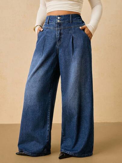 SHEIN Tall CURVE سروال جينز واسع الساق مغسول للمناسبات العادية والشتوية والأعياد كالهالوين والكريسماس وعيد الشكر، ذو خصر عالي وساق واسعة، ملابس نسائية أنيقة مريحة مطاطية الخصر، ملابس نسائية للزفاف الفني والأعمال الرسمية والريفية المتواضعة والعصرية، ملابس