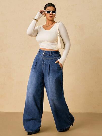 SHEIN Tall CURVE سروال جينز واسع الساق مغسول للمناسبات العادية والشتوية والأعياد كالهالوين والكريسماس وعيد الشكر، ذو خصر عالي وساق واسعة، ملابس نسائية أنيقة مريحة مطاطية الخصر، ملابس نسائية للزفاف الفني والأعمال الرسمية والريفية المتواضعة والعصرية، ملابس