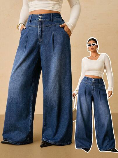 SHEIN Tall CURVE سروال جينز واسع الساق مغسول للمناسبات العادية والشتوية والأعياد كالهالوين والكريسماس وعيد الشكر، ذو خصر عالي وساق واسعة، ملابس نسائية أنيقة مريحة مطاطية الخصر، ملابس نسائية للزفاف الفني والأعمال الرسمية والريفية المتواضعة والعصرية، ملابس