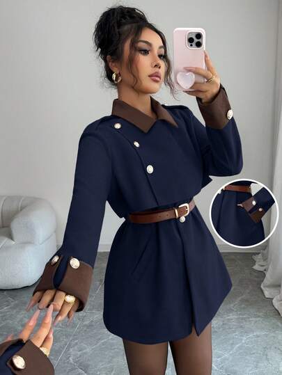 Elenzga معطف أنيق فاخر وسميك للنساء، بدون حزام