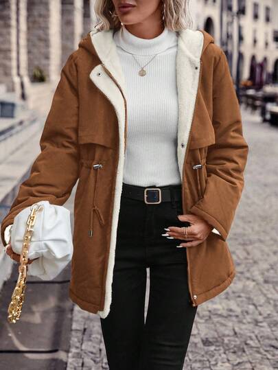 SHEIN Frenchy معطف بوركا مبطن بقلنسوة وخصر مربوط بحبل للخريف/الشتاء