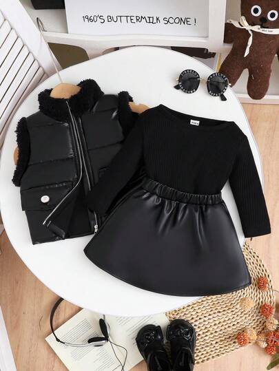 SHEIN مجموعة 3 قطع للبنات الأنيقة الشارع الأنيق، جاكيت فو فرو أنيقة مقترنة بتي شيرت أسود طويل الأكمام مقلم، وتنورة سوداء كشكشة، مناسبة للخريف والشتاء