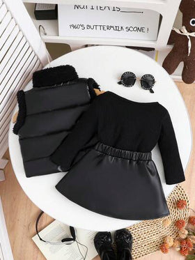SHEIN مجموعة 3 قطع للبنات الأنيقة الشارع الأنيق، جاكيت فو فرو أنيقة مقترنة بتي شيرت أسود طويل الأكمام مقلم، وتنورة سوداء كشكشة، مناسبة للخريف والشتاء