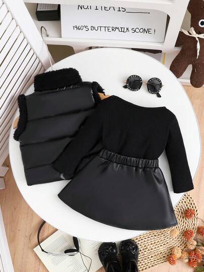 SHEIN مجموعة 3 قطع للبنات الأنيقة الشارع الأنيق، جاكيت فو فرو أنيقة مقترنة بتي شيرت أسود طويل الأكمام مقلم، وتنورة سوداء كشكشة، مناسبة للخريف والشتاء