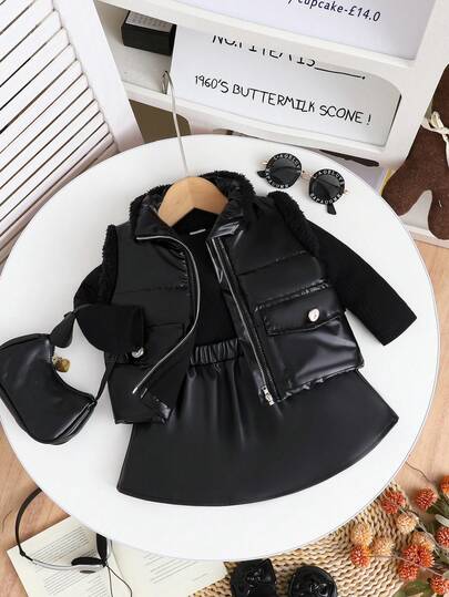 SHEIN مجموعة 3 قطع للبنات الأنيقة الشارع الأنيق، جاكيت فو فرو أنيقة مقترنة بتي شيرت أسود طويل الأكمام مقلم، وتنورة سوداء كشكشة، مناسبة للخريف والشتاء