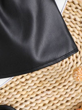SHEIN مجموعة 3 قطع للبنات الأنيقة الشارع الأنيق، جاكيت فو فرو أنيقة مقترنة بتي شيرت أسود طويل الأكمام مقلم، وتنورة سوداء كشكشة، مناسبة للخريف والشتاء
