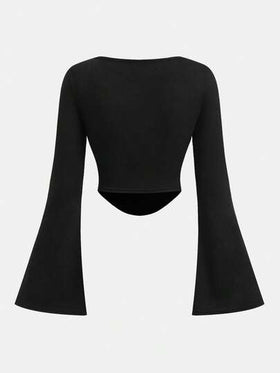 SHEIN Girlism ملابس علوية بناتي أسود ذو لون أحادي مناسب للاستخدام اليومي، بياقة دائرية، أكمام واسعة مطوية، تصميم مطوي، مناسب للطبقات في فصلي الخريف والشتاء، مناسب للعودة إلى المدرسة