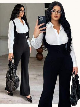 SHEIN SXY جمبسوت طويلة الأكمام كاجوال بألوان متباينة أسود وأبيض، ملابس كاجوال منحنية للأعمال، جمبسوت أسود وأبيض للنساء، أنيقة للمرأة، بذلات طويلة الأكمام للمرأة، طقم ملابس مكتبية للنساء