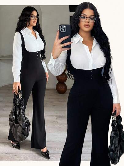 SHEIN SXY جمبسوت طويلة الأكمام كاجوال بألوان متباينة أسود وأبيض، ملابس كاجوال منحنية للأعمال، جمبسوت أسود وأبيض للنساء، أنيقة للمرأة، بذلات طويلة الأكمام للمرأة، طقم ملابس مكتبية للنساء