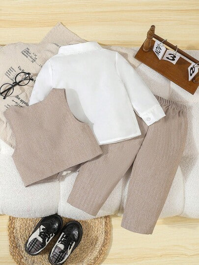 SHEIN 3 قطع ملابس أطفال ولادي بطراز بريطاني أنيق - تشمل قميص كم طويل مع ربطة عنق ، سترة أحادية الصدر ، وبنطال بخصر مطاطي ، مناسبة لحفلة عيد الميلاد ، المناسبات الرسمية ، الزفاف ، الأداء ، المعمودية ، العودة إلى المدرسة ، عيد الميلاد ، ملابس رسمية أنيقة لل