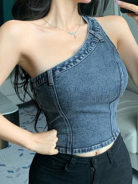 DAZY قميص جينز مع خصر مطبق وياقة غير متماثلة للنساء في الصيف