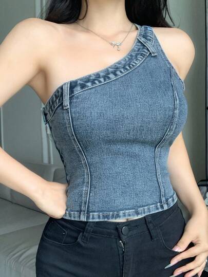 DAZY قميص جينز مع خصر مطبق وياقة غير متماثلة للنساء في الصيف