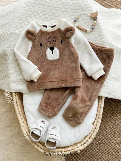Cozy Pixies مجموعة ملابس علوية وبنطلون سميك ذو خصر مطاطي للأطفال الصبيان، بنمط الدب بألوان متباينة، كم راجلان وياقة طاقم، للخريف/الشتاء، قطعتان
