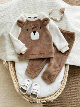 Cozy Pixies مجموعة ملابس علوية وبنطلون سميك ذو خصر مطاطي للأطفال الصبيان، بنمط الدب بألوان متباينة، كم راجلان وياقة طاقم، للخريف/الشتاء، قطعتان