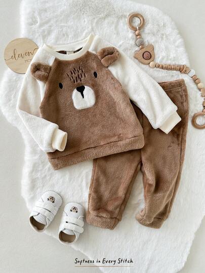 Cozy Pixies مجموعة ملابس علوية وبنطلون سميك ذو خصر مطاطي للأطفال الصبيان، بنمط الدب بألوان متباينة، كم راجلان وياقة طاقم، للخريف/الشتاء، قطعتان