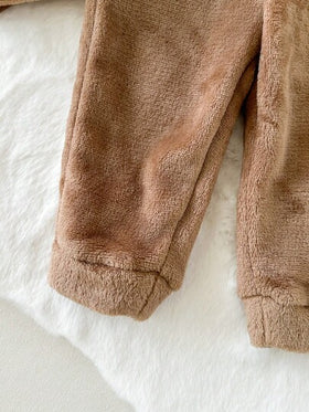 Cozy Pixies مجموعة ملابس علوية وبنطلون سميك ذو خصر مطاطي للأطفال الصبيان، بنمط الدب بألوان متباينة، كم راجلان وياقة طاقم، للخريف/الشتاء، قطعتان