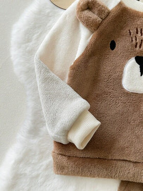Cozy Pixies مجموعة ملابس علوية وبنطلون سميك ذو خصر مطاطي للأطفال الصبيان، بنمط الدب بألوان متباينة، كم راجلان وياقة طاقم، للخريف/الشتاء، قطعتان