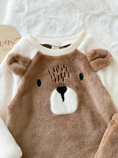 Cozy Pixies مجموعة ملابس علوية وبنطلون سميك ذو خصر مطاطي للأطفال الصبيان، بنمط الدب بألوان متباينة، كم راجلان وياقة طاقم، للخريف/الشتاء، قطعتان