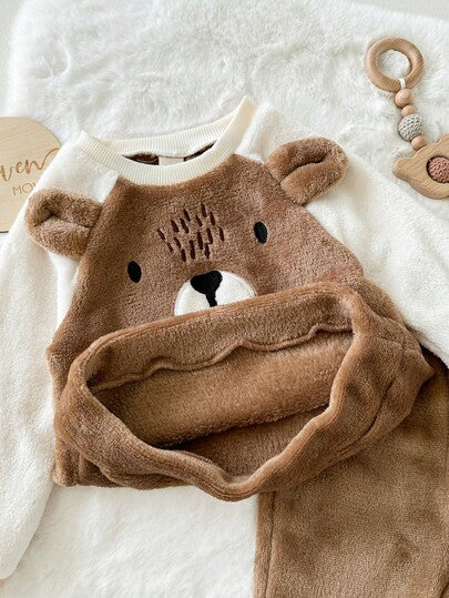 Cozy Pixies مجموعة ملابس علوية وبنطلون سميك ذو خصر مطاطي للأطفال الصبيان، بنمط الدب بألوان متباينة، كم راجلان وياقة طاقم، للخريف/الشتاء، قطعتان