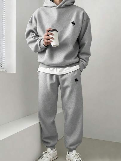 Chillumni بدلة رياضية رمادية كلاسيكية مطبوعة برسم الحصان، هوديي وبنطلون رياضي مبطن بالحرارة، ملابس مريحة للخريف والشتاء