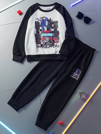 Transformers X SHEIN طقم بلوزة وبنطلون رياضي للأولاد المراهقين بطبعات روبوت وحروف، أكمام راجلان بتباين، ملابس كاجوال للشارع، مناسب للربيع والخريف