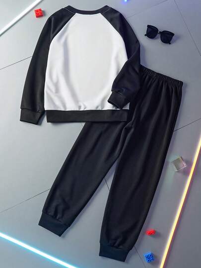 Transformers X SHEIN طقم بلوزة وبنطلون رياضي للأولاد المراهقين بطبعات روبوت وحروف، أكمام راجلان بتباين، ملابس كاجوال للشارع، مناسب للربيع والخريف