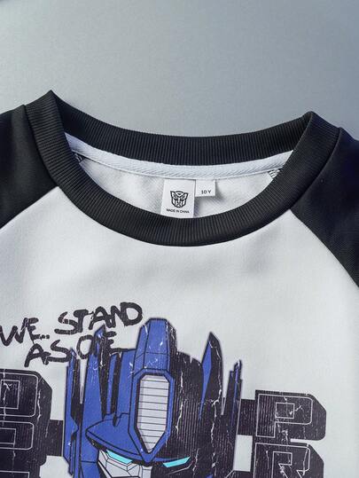 Transformers X SHEIN طقم بلوزة وبنطلون رياضي للأولاد المراهقين بطبعات روبوت وحروف، أكمام راجلان بتباين، ملابس كاجوال للشارع، مناسب للربيع والخريف