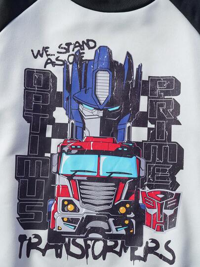 Transformers X SHEIN طقم بلوزة وبنطلون رياضي للأولاد المراهقين بطبعات روبوت وحروف، أكمام راجلان بتباين، ملابس كاجوال للشارع، مناسب للربيع والخريف