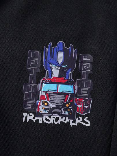 Transformers X SHEIN طقم بلوزة وبنطلون رياضي للأولاد المراهقين بطبعات روبوت وحروف، أكمام راجلان بتباين، ملابس كاجوال للشارع، مناسب للربيع والخريف